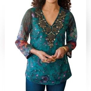 Soft Surroundings V-neck Beaded Sheer Blouse Size Small